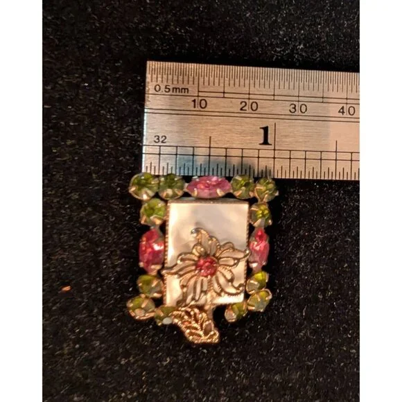 Vintage Pink Green Rhinestone Brooch Pendant Filigree Flower Mother of Pearl - Picture 7 of 14